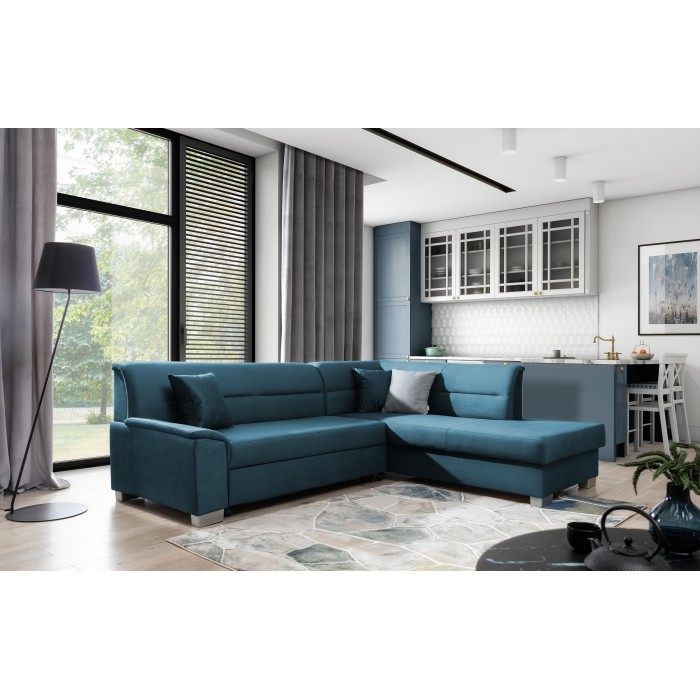 Canapé d’angle convertible TROMSO bleu foncé effet velours – Angle droit avec coffre 