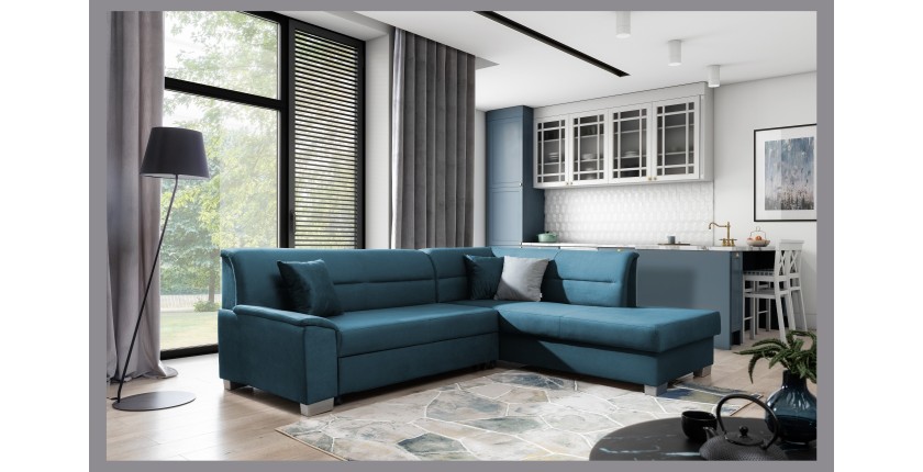 Canapé d’angle convertible TROMSO bleu foncé effet velours – Angle droit avec coffre 