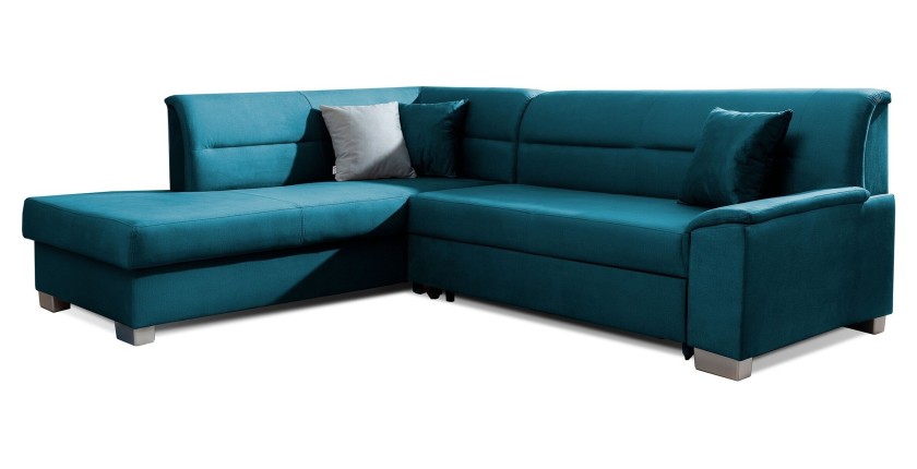 Canapé d’angle convertible TROMSO bleu foncé effet velours – Angle gauche avec coffre 