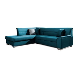 Canapé d’angle convertible TROMSO bleu foncé effet velours – Angle gauche avec coffre 