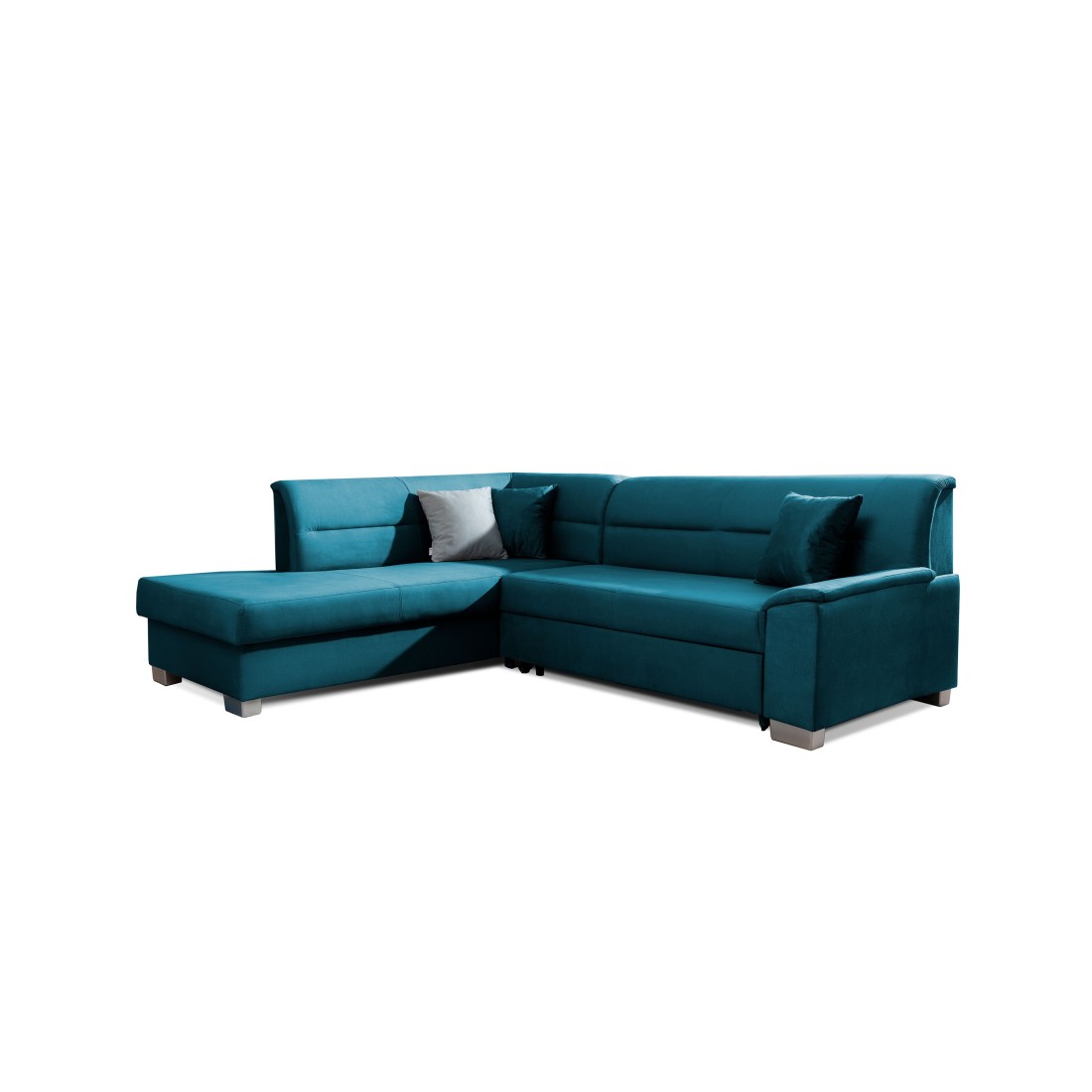 Canapé d’angle convertible TROMSO bleu foncé effet velours – Angle gauche avec coffre 