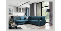Canapé d’angle convertible TROMSO bleu foncé effet velours – Angle gauche avec coffre 