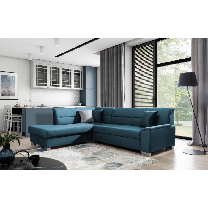 Canapé d’angle convertible TROMSO bleu foncé effet velours – Angle gauche avec coffre 