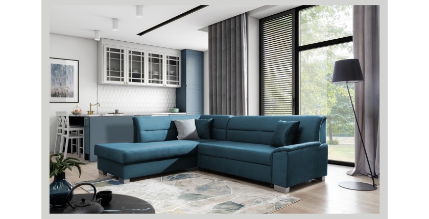 Canapé d’angle convertible TROMSO bleu foncé effet velours – Angle gauche avec coffre 