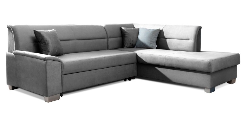 Canapé d’angle convertible TROMSO gris effet velours – Angle droit avec coffre 