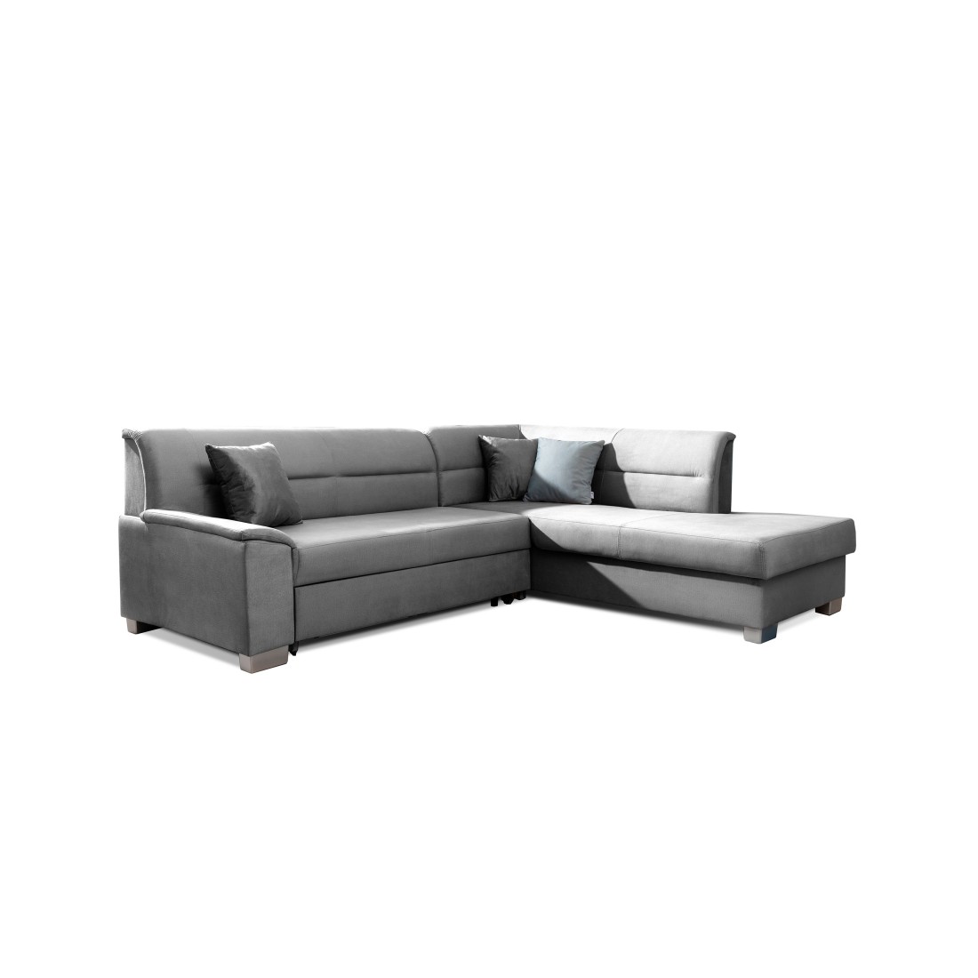 Canapé d’angle convertible TROMSO gris effet velours – Angle droit avec coffre 