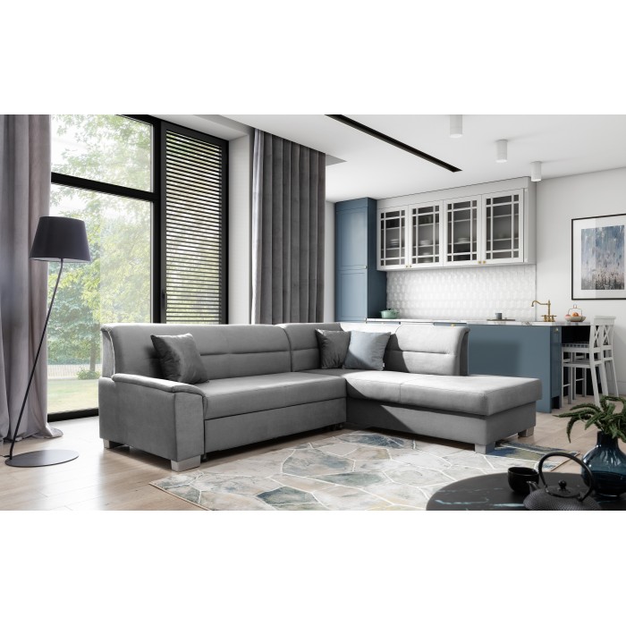 Canapé d’angle convertible TROMSO gris effet velours – Angle droit avec coffre 