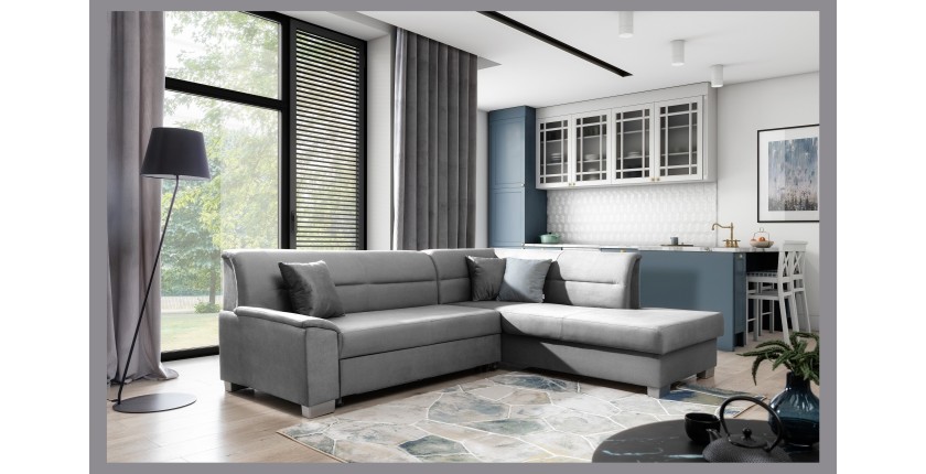 Canapé d’angle convertible TROMSO gris effet velours – Angle droit avec coffre 