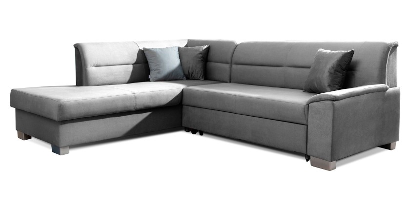 Canapé d’angle convertible TROMSO gris effet velours – Angle gauche avec coffre 