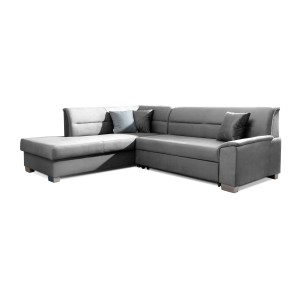 Canapé d’angle convertible TROMSO gris effet velours – Angle gauche avec coffre 