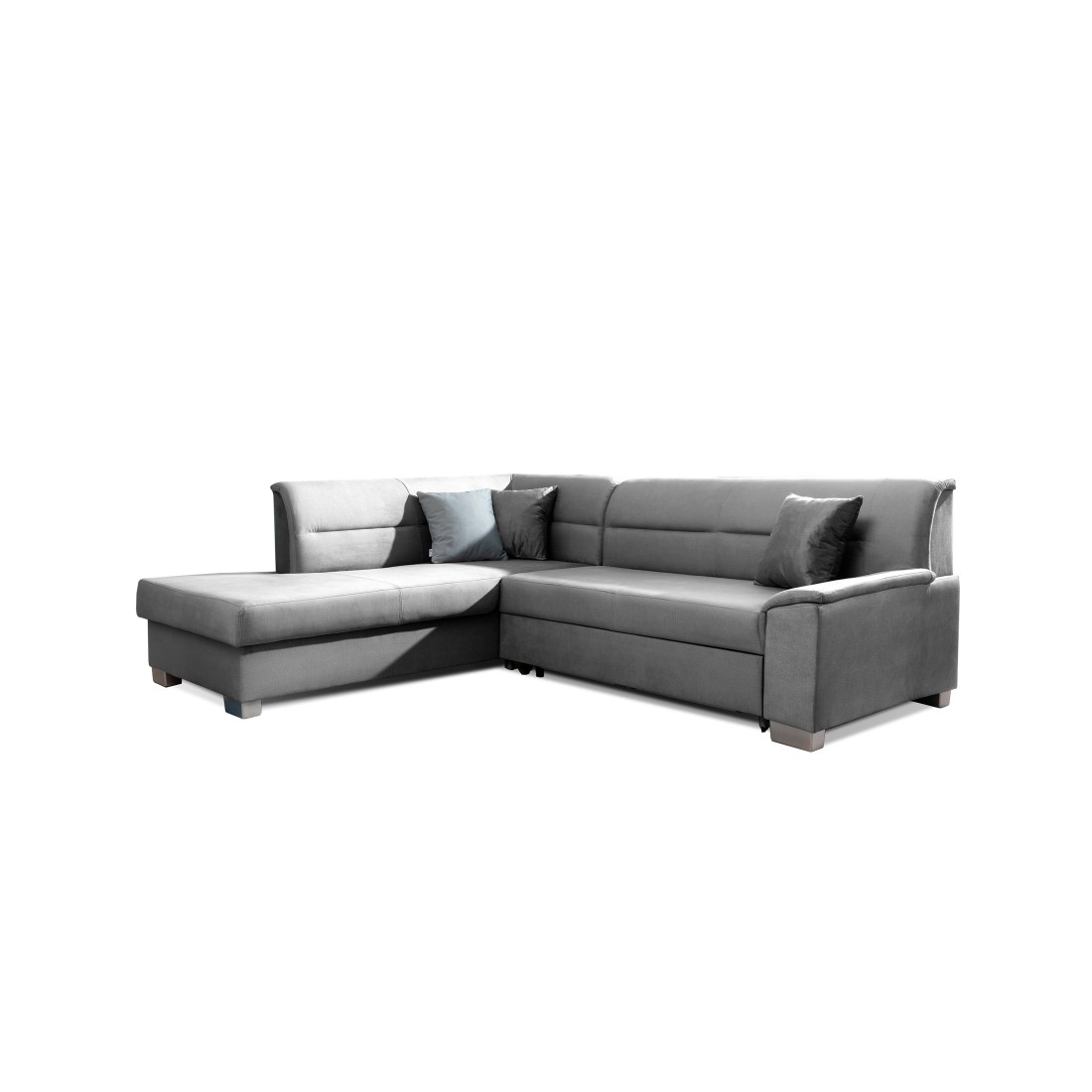 Canapé d’angle convertible TROMSO gris effet velours – Angle gauche avec coffre 