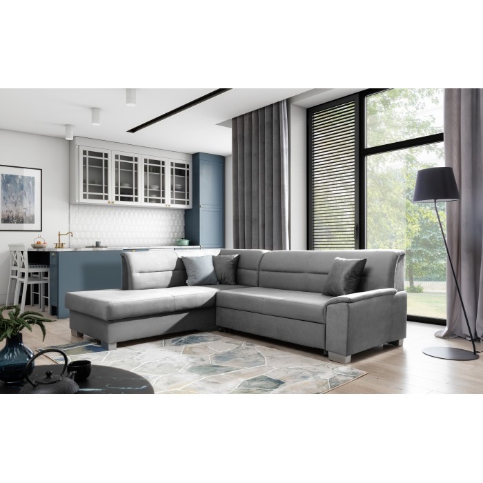 Canapé d’angle convertible TROMSO gris effet velours – Angle gauche avec coffre 
