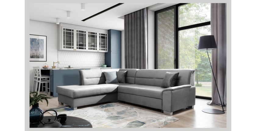 Canapé d’angle convertible TROMSO gris effet velours – Angle gauche avec coffre 