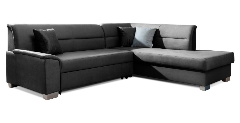 Canapé d’angle convertible TROMSO gris foncé effet velours – Angle droit avec coffre 