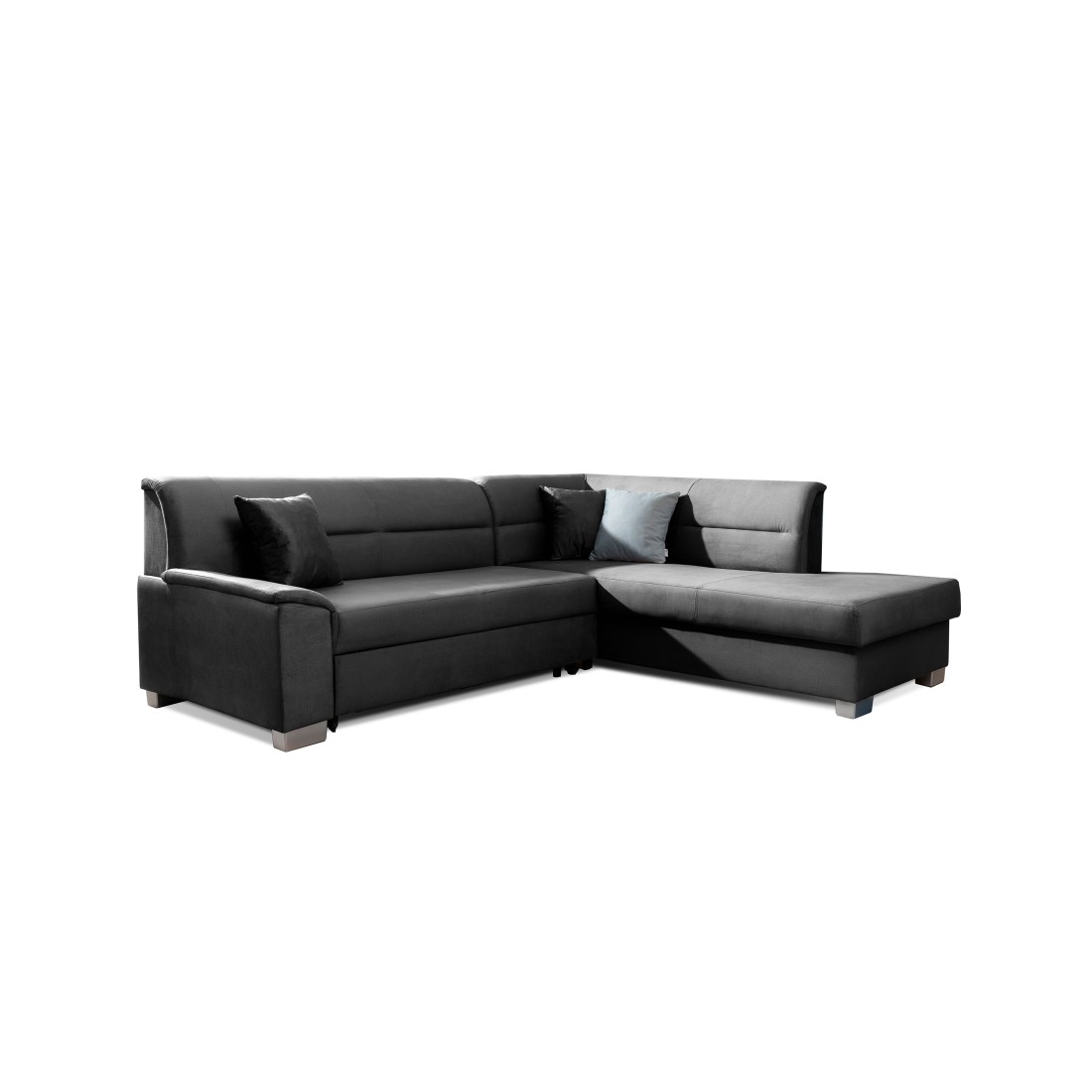 Canapé d’angle convertible TROMSO gris foncé effet velours – Angle droit avec coffre 