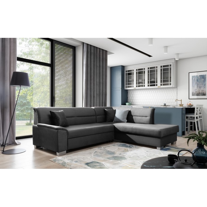 Canapé d’angle convertible TROMSO gris foncé effet velours – Angle droit avec coffre 