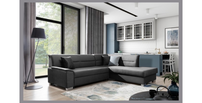 Canapé d’angle convertible TROMSO gris foncé effet velours – Angle droit avec coffre 