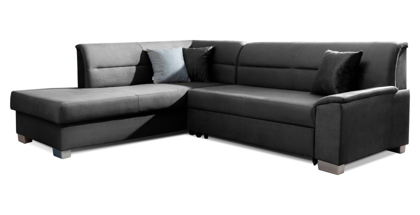 Canapé d’angle convertible TROMSO gris foncé effet velours – Angle gauche avec coffre 
