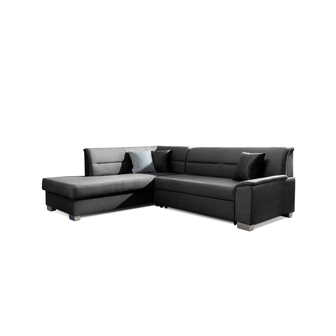 Canapé d’angle convertible TROMSO gris foncé effet velours – Angle gauche avec coffre 