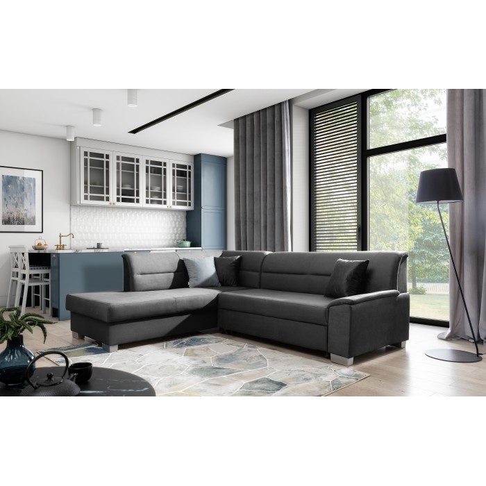 Canapé d’angle convertible TROMSO gris foncé effet velours – Angle gauche avec coffre 