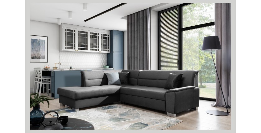 Canapé d’angle convertible TROMSO gris foncé effet velours – Angle gauche avec coffre 