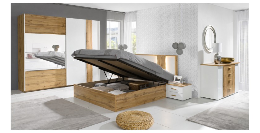 Lit coffre WOOD 160x200 avec coffre ouvert en situation