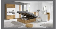 WOOD Schlafzimmer in Eichen- und Weißfarben mit LED-Bett mit Stauraum, Kommode, Nachttischen und Kleiderschrank