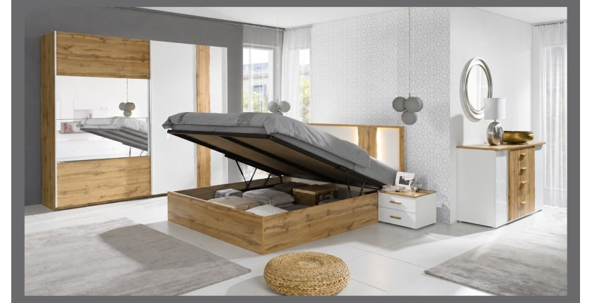 Chambre à coucher complète WOOD chêne et blanc. Lit coffre + armoire + commode + 2 chevets avec coffre ouvert