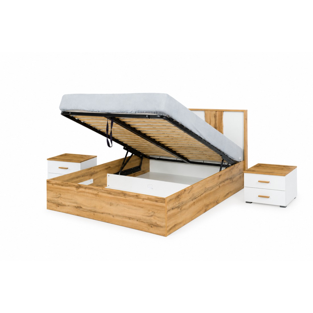 Pack cama con canapé 160x200 + 2 mesitas de noche WOOD color blanco y roble