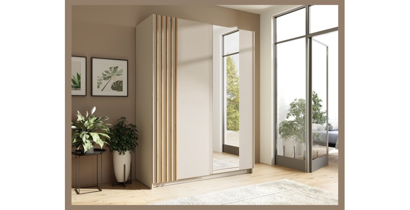 Armoire VARIA 150 cm cachemire et chêne avec miroir et portes coulissantes
