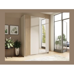 Armoire VARIA 150 cm cachemire et chêne avec miroir et portes coulissantes