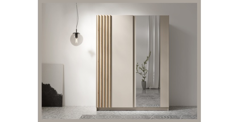 Armoire VARIA 150 cm cachemire et chêne avec miroir et portes coulissantes