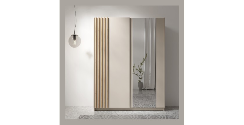 Armoire VARIA 150 cm cachemire et chêne avec miroir et portes coulissantes