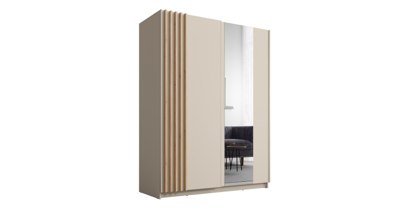 Armoire VARIA 150 cm cachemire et chêne avec miroir et portes coulissantes