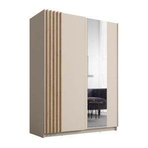 Armoire VARIA 150 cm cachemire et chêne avec miroir et portes coulissantes