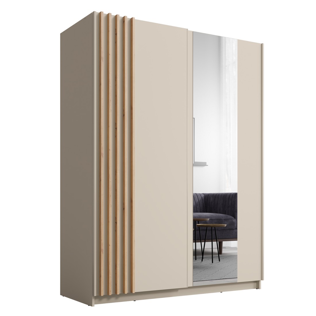 Armoire VARIA 150 cm cachemire et chêne avec miroir et portes coulissantes