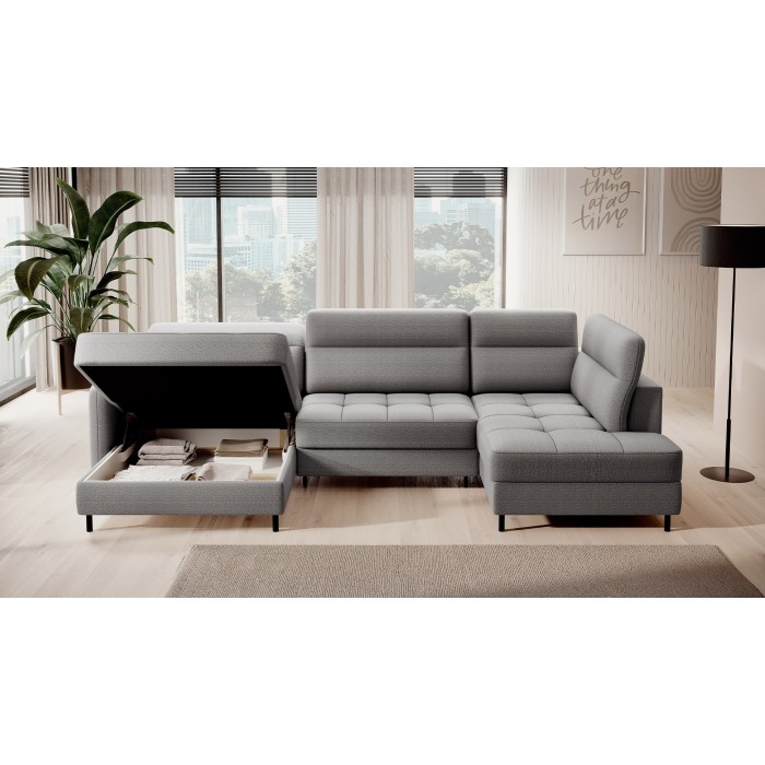 Canapé d’angle convertible BERTHO 306 cm gris – Angle gauche avec coffre 