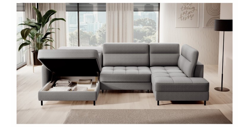 Canapé d’angle convertible BERTHO 306 cm gris – Angle gauche avec coffre 