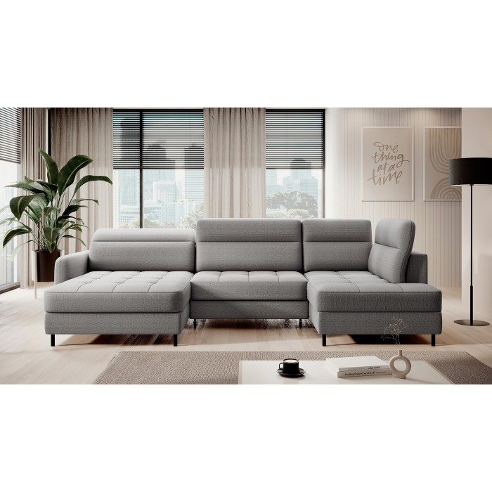 Canapé d’angle convertible BERTHO 306 cm gris – Angle gauche avec coffre 