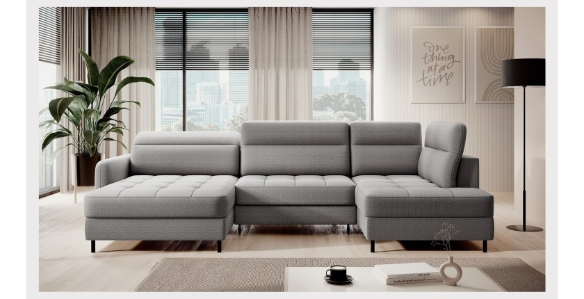 Canapé d’angle convertible BERTHO 306 cm gris – Angle gauche avec coffre 