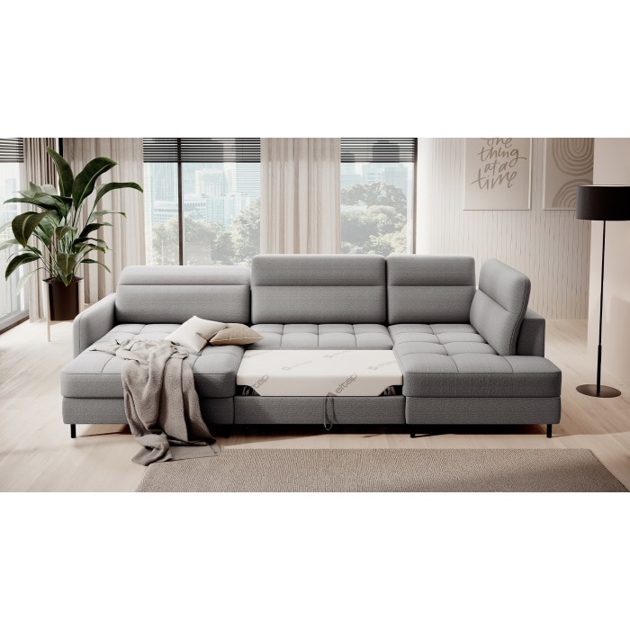 Canapé d’angle convertible BERTHO 306 cm gris – Angle gauche avec coffre 