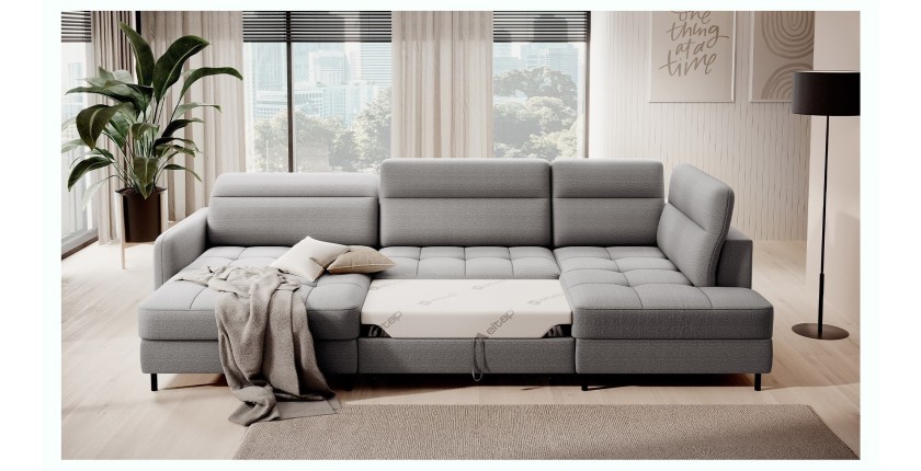 Canapé d’angle convertible BERTHO 306 cm gris – Angle gauche avec coffre 
