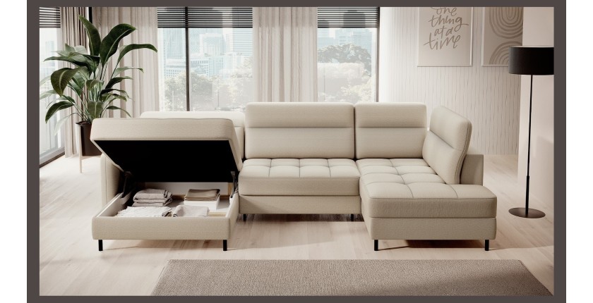 Canapé d’angle convertible BERTHO 306 cm beige – Angle gauche avec coffre 
