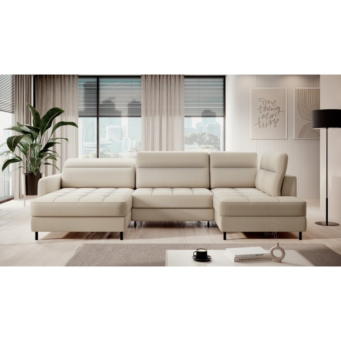 Canapé d’angle convertible BERTHO 306 cm beige – Angle gauche avec coffre 