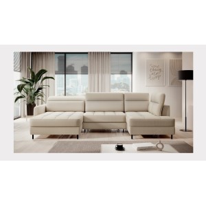 Canapé d’angle convertible BERTHO 306 cm beige – Angle gauche avec coffre 