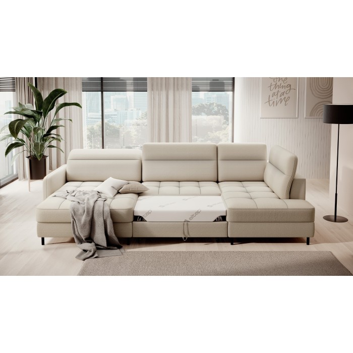 Canapé d’angle convertible BERTHO 306 cm beige – Angle gauche avec coffre 