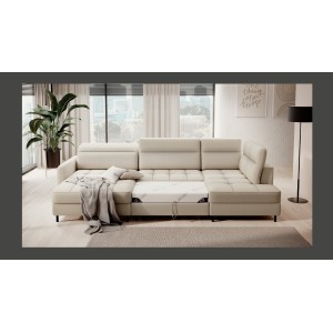 Canapé d’angle convertible BERTHO 306 cm beige – Angle gauche avec coffre 