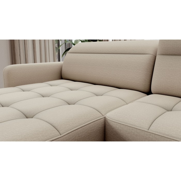 Canapé d’angle convertible BERTHO 306 cm beige – Angle gauche avec coffre 