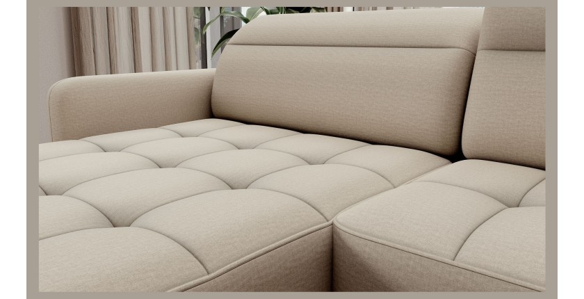 Canapé d’angle convertible BERTHO 306 cm beige – Angle gauche avec coffre 