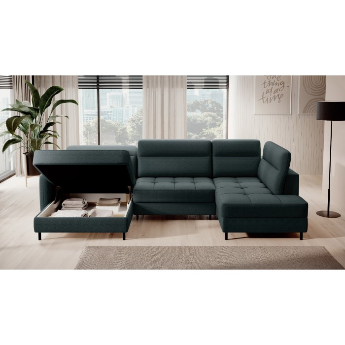Canapé d’angle convertible BERTHO 306 cm vert foncé – Angle gauche avec coffre 